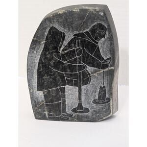 Inuit Soapstone Etching Ice Fishing Scene Canada Eskimo Art